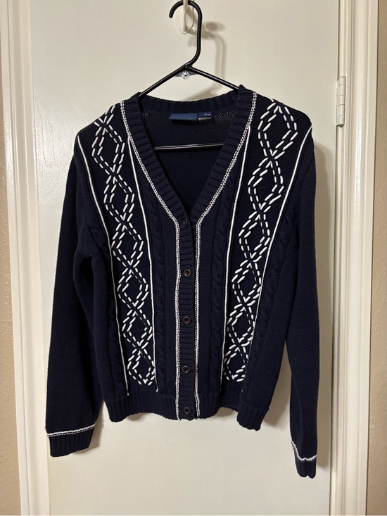 Liz Claiborne Sweaters - Liz Claiborne Cotton Navy Cardigan with White Stitch Detail - S